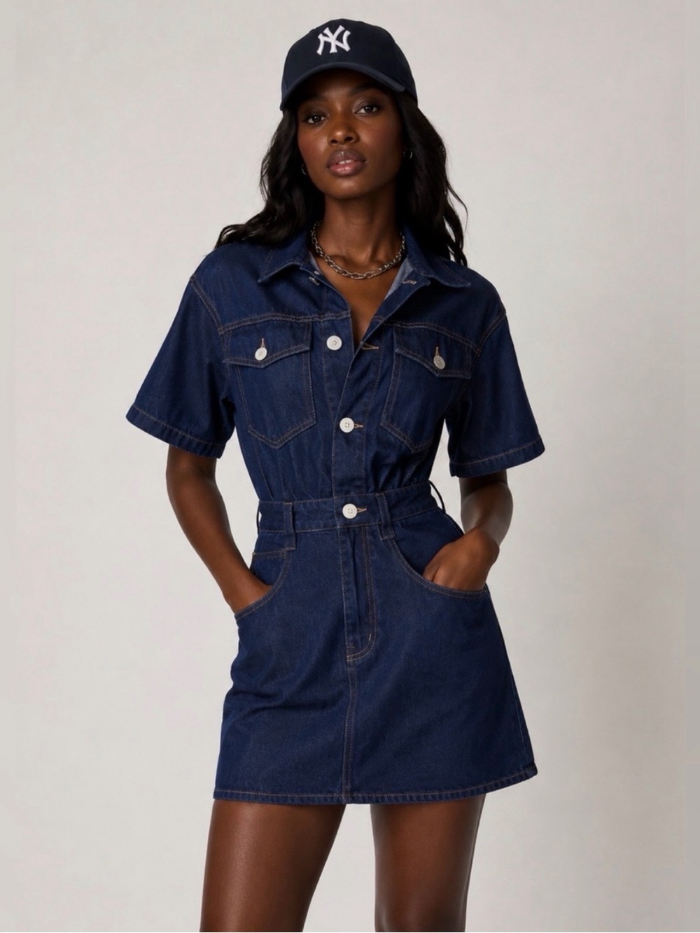 FRAME Oversized Detail Short-Sleeve Dark Blue Denim Shirt Dress